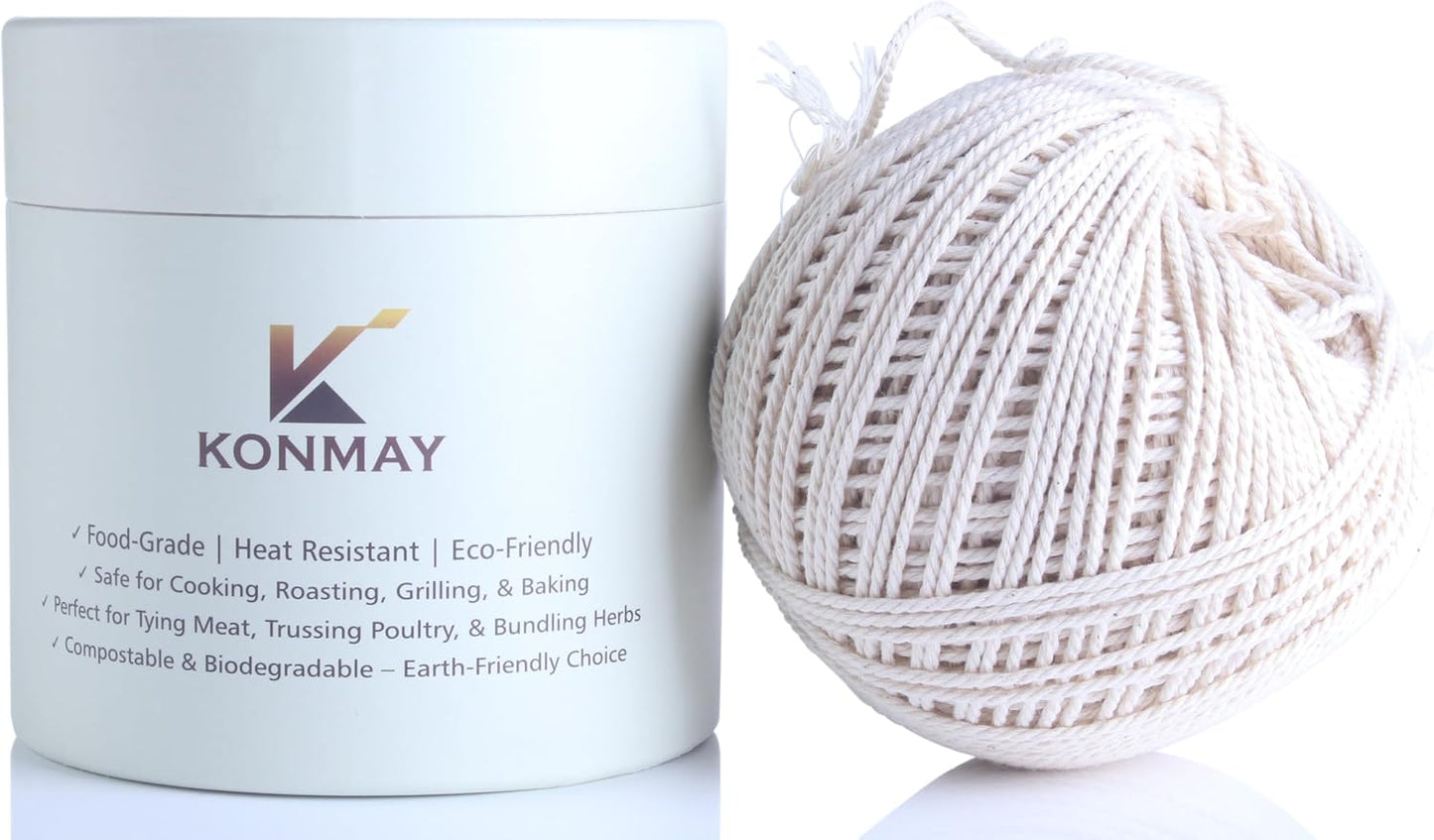 KONMAY 1.5mm Butcher 's Twine – 490ft 100% Cotton Cooking String, Baker Twine for Trussing, Roasting, Grilling, Tying Meat, Herbs & Sausages,Packed in a Paper Box with Feeding Hole