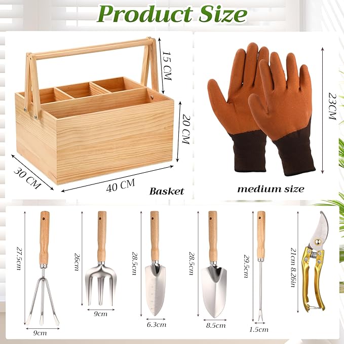 Remerry 8 Pcs Garden Tools Set Harvest Basket Wood Stainless Steel Heavy Duty Gardening Hand Tool Pruning Shears Gloves Garden Caddy Harvesting Basket Gifts for Gardening Lovers Enthusiasts Planting