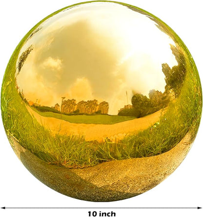 Nerien 10 Inch Gazing Ball, Stainless Steel Garden Mirror Globe, Polished Ornament Sphere, Hollow Floating Reflective Hemisphere, Home Outdoor Pond Housewarming Swimming Pool Decoration Gift, Gold