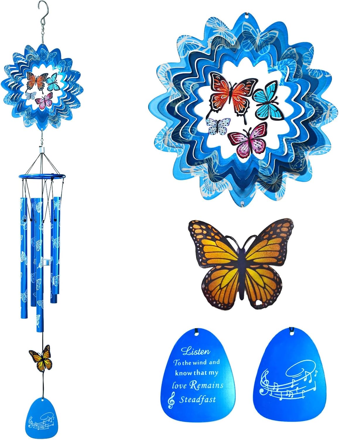 33inch Butterfly Wind Chimes Outdoor | Deep Tone Sympathy Memorial Wind Chime with 3D Spinner, Hanging Garden Decor, Butterfly Gift for Women/Mom/Grandma