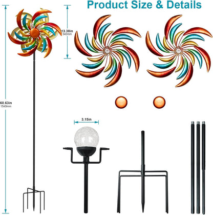 Solar Wind Spinners Outdoor, 60.6 Inch Metal Stake Garden Spinners Decor, Wind Spinner for Yard and Garden with Solar Powered Multi-Color Glass Ball Light (Strip)