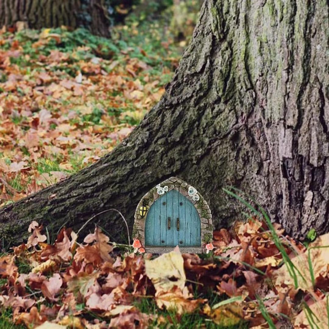 Blue Mini Fairy Garden Door for Tree, 3D Miniature Fairy Door for Fairytale Tiny House Doors, Bonsai Terrarium Micro Landscape Decoration Accessories Garden Miniatures