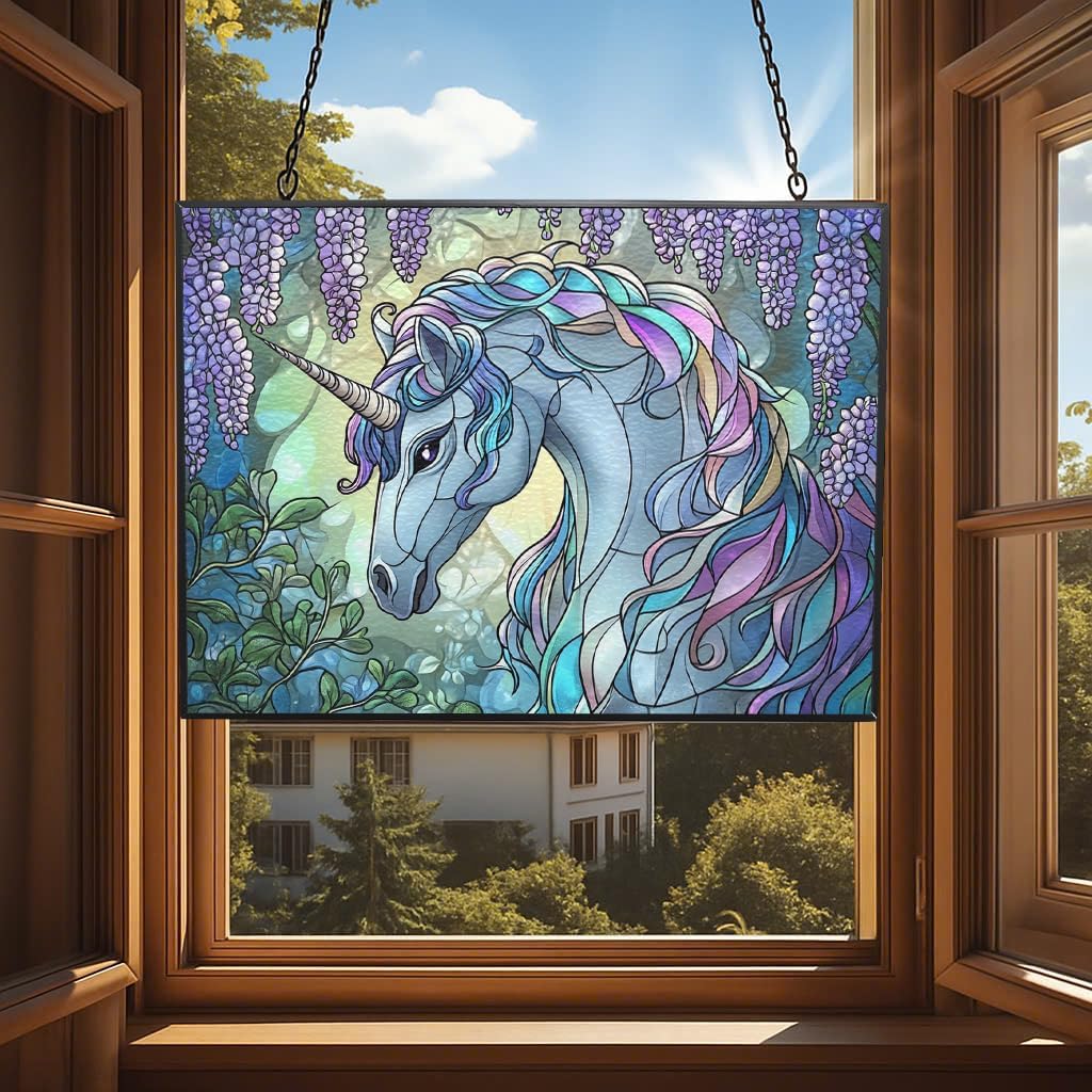 Personalized Rectangle Art Nouveau Wisteria Unicorn Stained Glass Window Hangings Stained Glass Suncatcher Birthday Gift for Mom Grandma Teacher Women Friend Memorial Hook