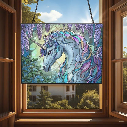 Personalized Rectangle Art Nouveau Wisteria Unicorn Stained Glass Window Hangings Stained Glass Suncatcher Birthday Gift for Mom Grandma Teacher Women Friend Memorial Hook