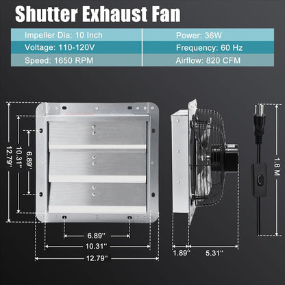Criditpid 10 Inch Shutter Exhaust Fan with Speed Controller and Power Cord, 820 CFM 1650 RPM Wall Mounted Metal Exhaust Fan for Attic, Greenhouse, Garages, Barn, Workshop, Chicken Coop Ventilation