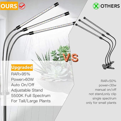 GHodec Grow Light with Stand, 60 LED 5500K Full Spectrum Floor Plant Light for Indoor Plants Growing,5 Dimmable Levels & Auto On/Off Timer,Tripod Stand Plant Lamp Height Adjustable