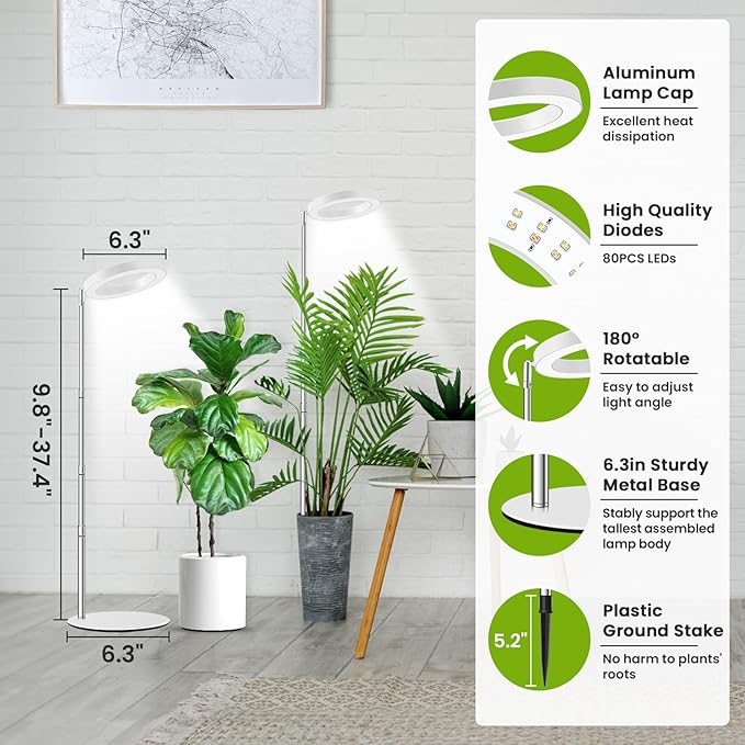 Grow Lights for Indoor Plants Full Spectrum, 80 LEDs Plant Light for Indoor Growing with 2 Mounting Options, 6/12/16H Timer, 3 Spectrum Modes, 9.8"-37.4" Height Adjustable Desk Grow Lamp