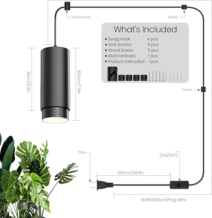 Remote Control Hanging Grow Lights for Indoor Plants, 30W Hanging Plant Light with Auto On/Off Timer, Full Spectrum LED Grow Light 3000K-5000K, Dimmable Plug in Pendant Hanging Lights, Black