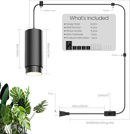 Remote Control Hanging Grow Lights for Indoor Plants, 30W Hanging Plant Light with Auto On/Off Timer, Full Spectrum LED Grow Light 3000K-5000K, Dimmable Plug in Pendant Hanging Lights, Black