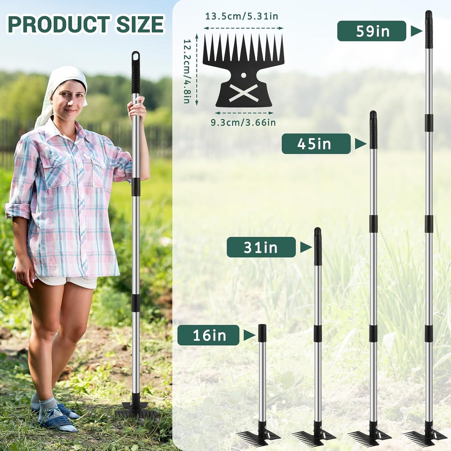 Weed Puller Tool with Long Handle, 11 Tooth Weed Remover Tool, 2 in 1 Weed Rake and Garden Hoe for Weeding, Weeder Tool with Detachable Handle, Uprooting Weeding Tool for Yard, Lawn, Patio,Garden