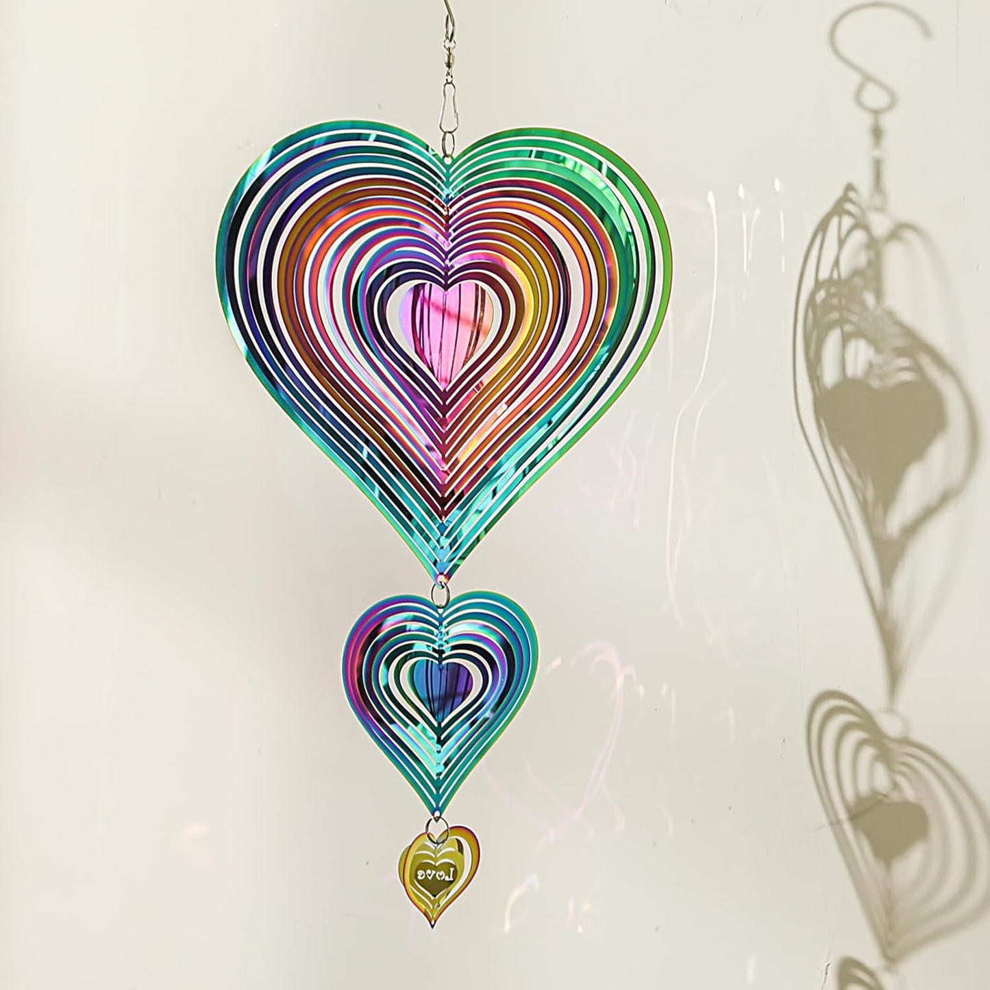 Wind Spinners Outdoor, 3D Heart, Gradient Rainbow Color, 14 inches Stainless Steel Metal, Hanging Wind Spinners, Garden, Yard Décor, Outside, Gifts for Women Mom Wife