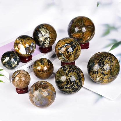 JIC Gem Large Blues and Golden Browns Crystal Sphere with Stand Pietersite Crystal Ball Sphere Gemstone Decorative Ball for Home Decor Altar Reiki Feng Shui Crystal Gift 80-90mm