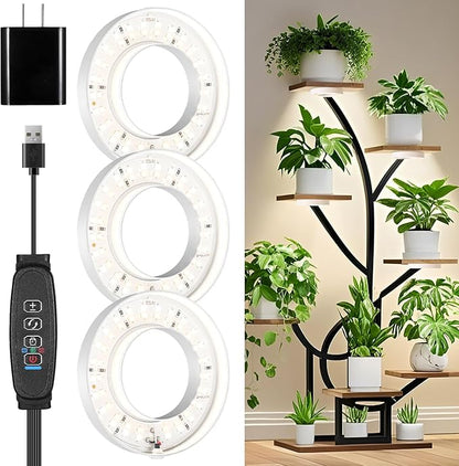 3 Head White Halo Angel Ring Ceiling LED Plant Growth Lights for Shelf, 3000K+6000K Full Spectrum Grow Lamps for Plant Growth Indoor Plants with 6/12/16H Timer, 3 Spectral Modes, 10 Dimmable Levels