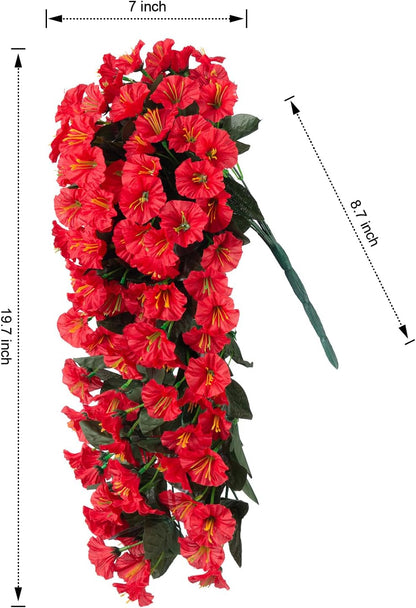 Artificial Fake Hanging Flowers Plants for Outdoor Outside Decoration, 2PCS Faux Silk UV Resistant Look Real Red Morning Glory Trailing Vines for Home Planter Wedding Party Garden Patio Porch