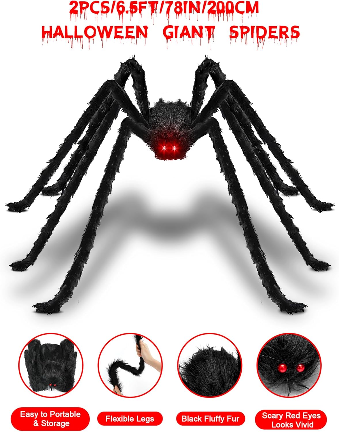 2PCS/6.5FT/78IN/200CM Halloween Giant Spiders Set: Acina Fake Large Hairy Spider Decorations, Scary Virtual Realistic Spider Props for Indoor Outdoor Creepy Decor Black