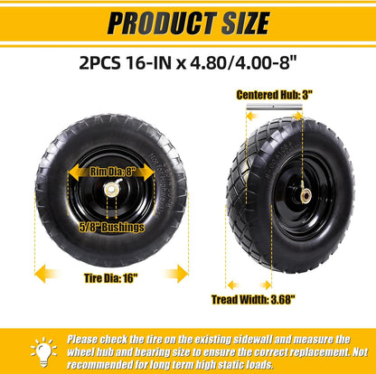 MZREXN 4.80/4.00-8" Flat Free Tire and Wheel, 16" Universal Solid Wheelbarrow Tires, with 5/8" & 3/4" Bearings, 3" Centered Hub for Hand Truck Garden Trailers Utility Cart Yard Wagon (2-PACK, Black)
