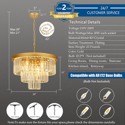 Crystal Chandeliers for Dining Room Lights Fixtures, 9 Lights Gold Modern Chandeliers for Bedroom, 3-Tier Round Crystal Lighting Fixtures for Living Room Entryway Kitchen Island D20 Inch