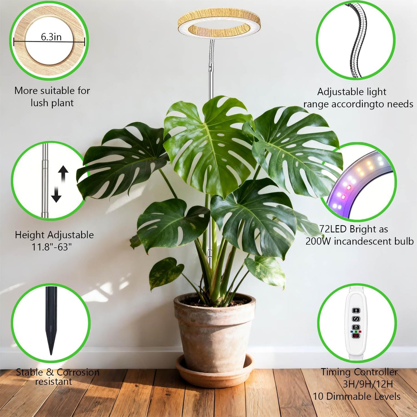 Grow Light for Indoor Plants, 6.3" Full Spectrum LED Plant Grow Light, 11.8-63in Height Adjustable Growing Lamp with Auto Timer 3H/9H/12H, 10 Dimmable Levels (1 Pack)