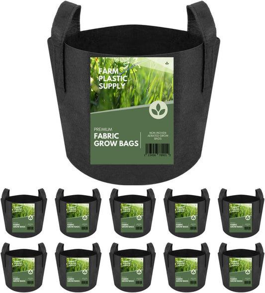 Farm Plastic Supply - 5 Gallon Fabric Grow Bags - (10 Pack) - Nonwoven Fabric Pots with Handles, Grow Bag, Plant Grow Bags, Garden Bag, for Farming, Gardening, Agriculture