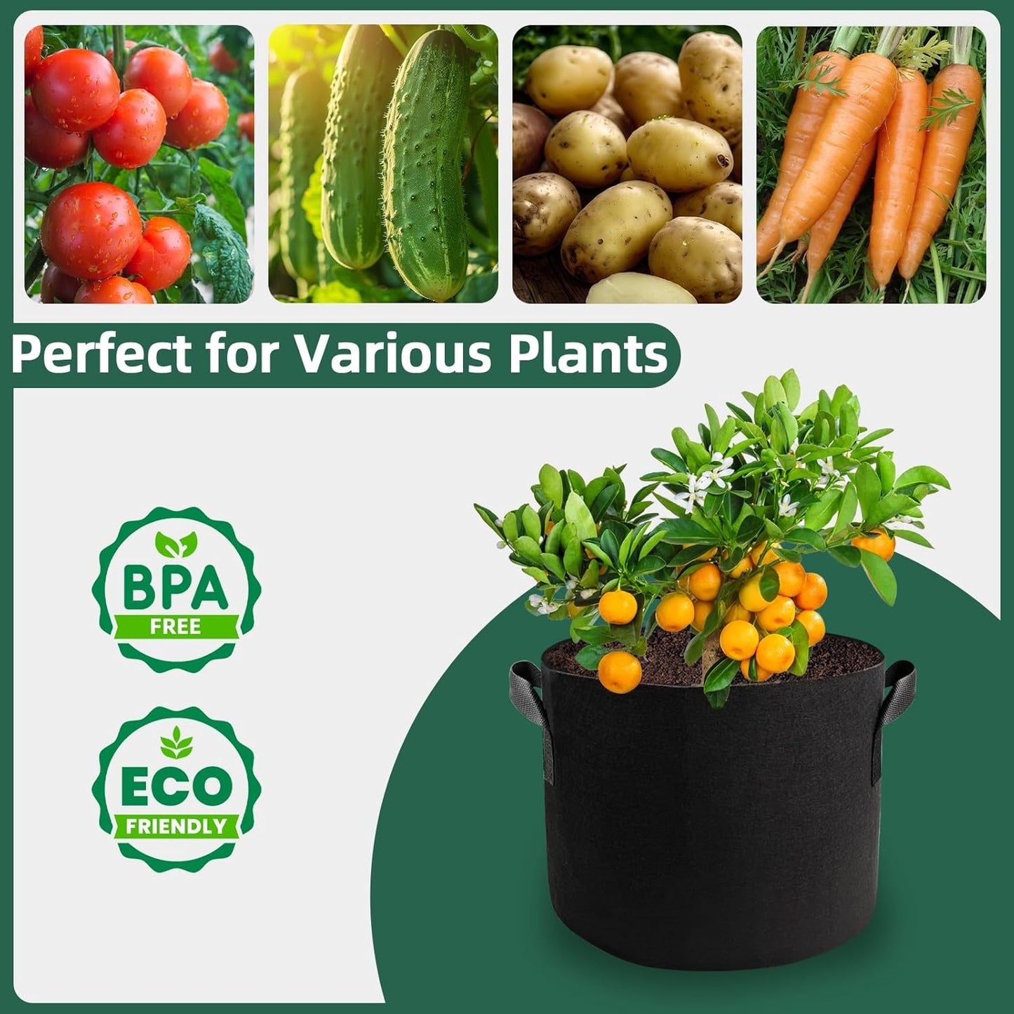 5 Pack 15 Gallon Grow Bags, Thickened Aeration Nonwoven Fabric Planting Bags with Handles, Heavy Duty 300G Garden Planter Bag for Tomato, Potato, Strawberry, Vegetable, Fruits and Flowers