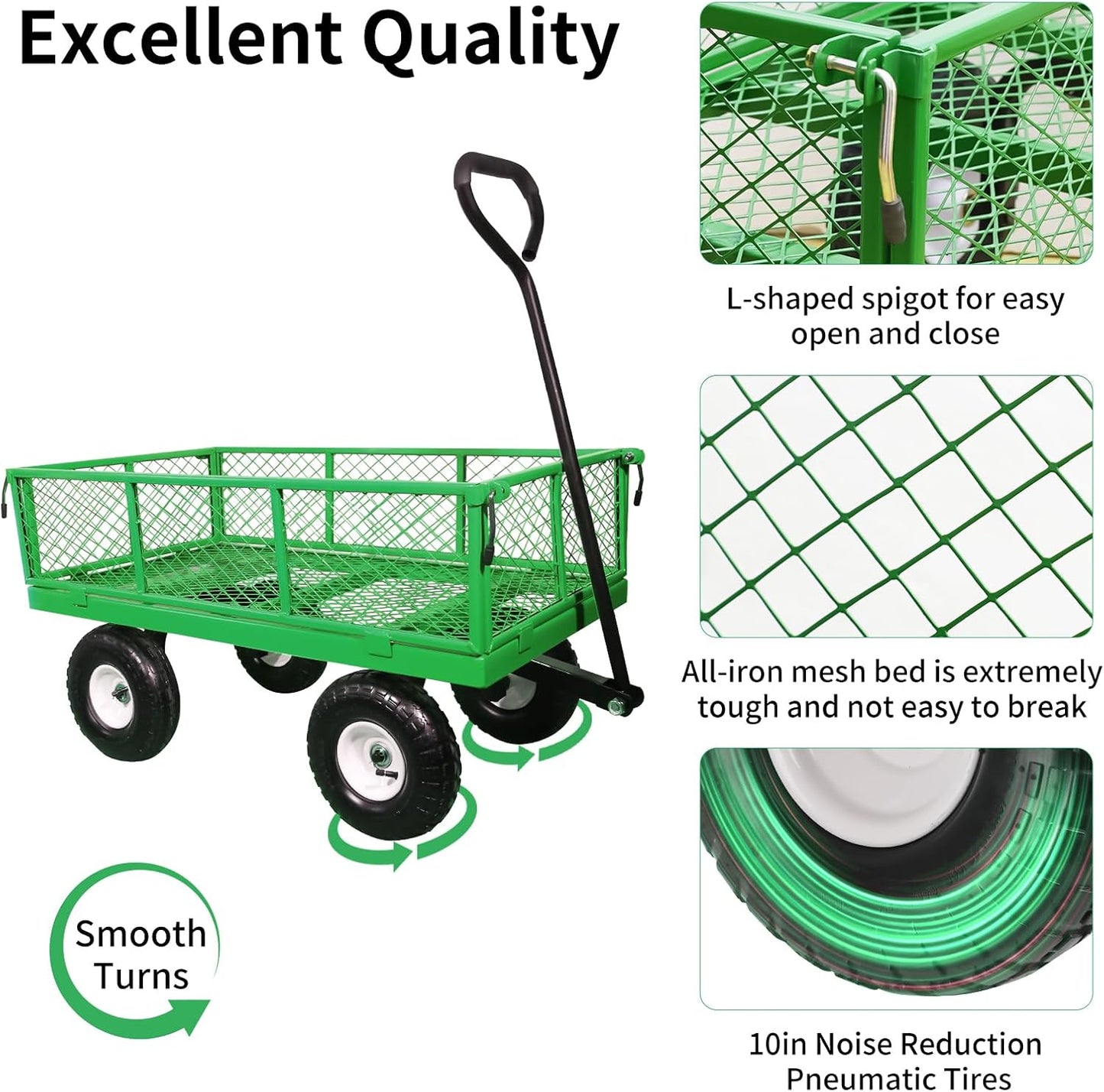 AAIN 400 lbs Metal Garden Cart,Heavy Duty Garden Wagon with Removable Steel Mesh Sides, Utility Yard Cart with 180° Rotating Handle and 10-inch Wheels—Perfect for Gardens, Farms, and Yards, Green