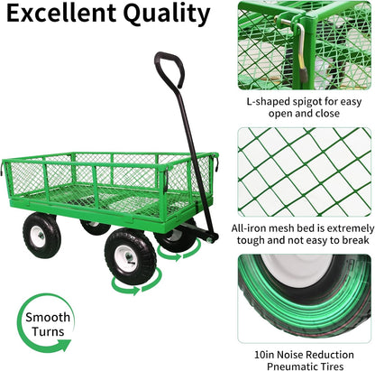 AAIN 400 lbs Metal Garden Cart,Heavy Duty Garden Wagon with Removable Steel Mesh Sides, Utility Yard Cart with 180° Rotating Handle and 10-inch Wheels—Perfect for Gardens, Farms, and Yards, Green