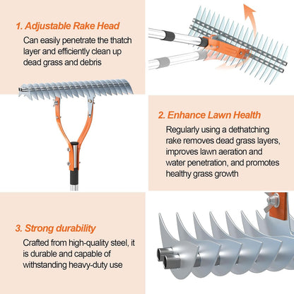 TOOVEM Thatch Rake, 15-inch Lawn Thatching Rake with Heavy Duty Steel Tines & Ergonomic Handle, 70'' Professional Dethatching Rakes for Cleaning Dead Grass, Yard Garden Durable Soil Rakes