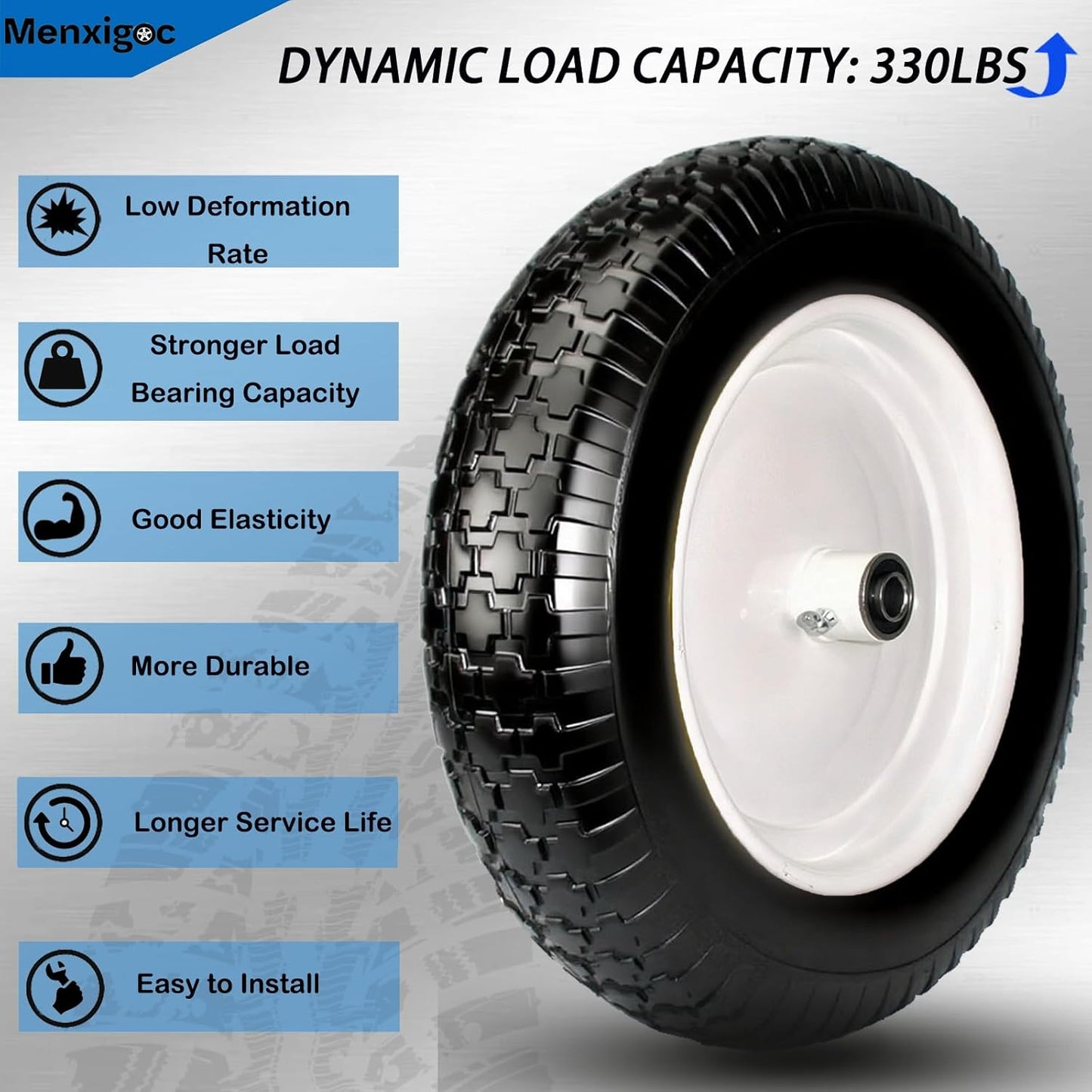 4.80/4.00-8 Tire, 14.5" Tire and Wheel Flat Free, 5/8" Bore Bearing with 3/4" Extra Bearings, 3" Centered Hub - Universal for 4.80-8 4.00-8 4.00-6 3.50/3.00-8 Wheelbarrow Tires