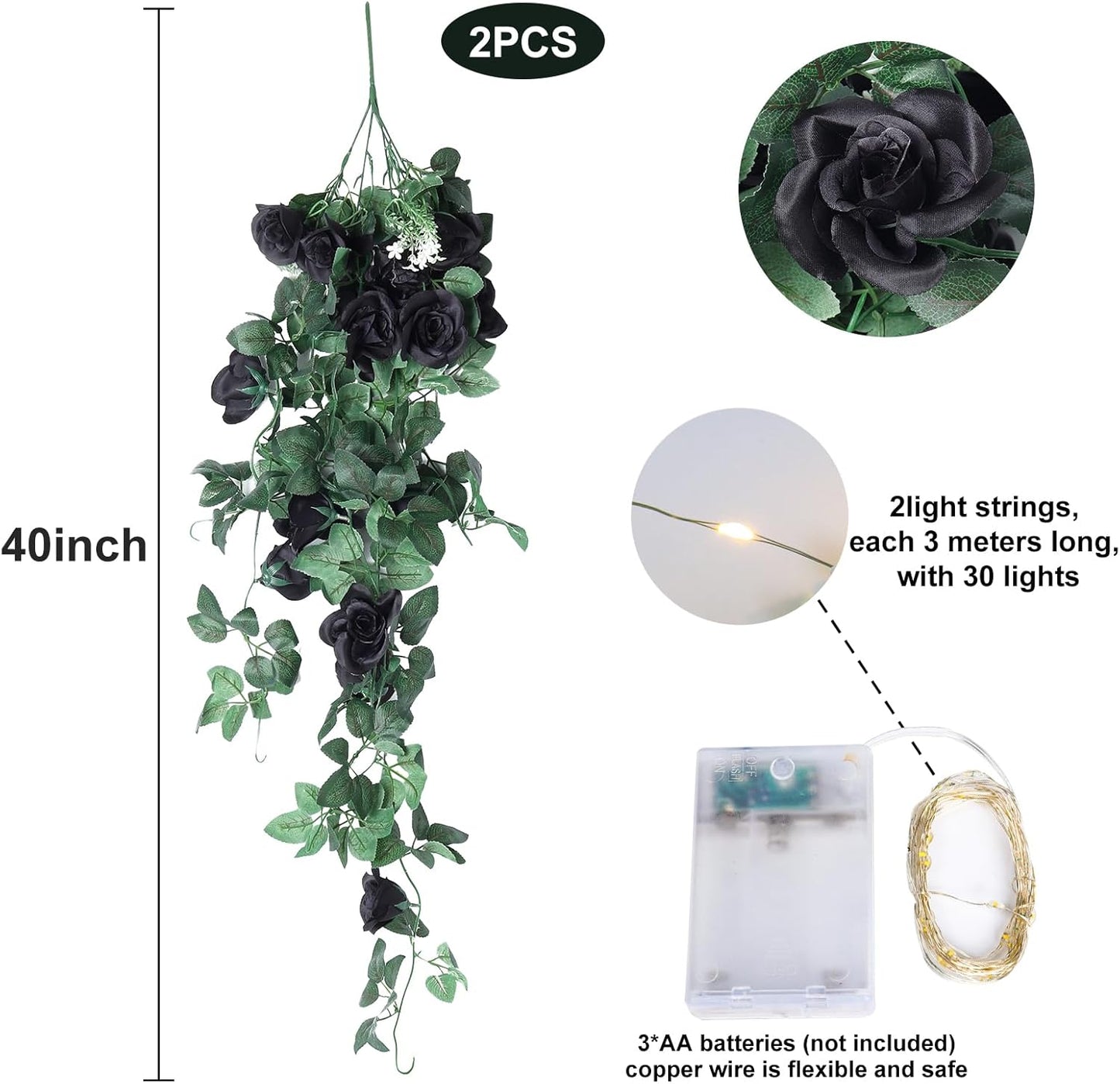 RECUTMS Hanging Flowers Black Artificial Rose Flower 2PCS 3.3Ft for Outdoors with 30 LED Fairy String Lights Fake Indoor Wall Wedding (Black)