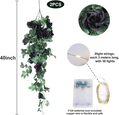 RECUTMS Hanging Flowers Black Artificial Rose Flower 2PCS 3.3Ft for Outdoors with 30 LED Fairy String Lights Fake Indoor Wall Wedding (Black)