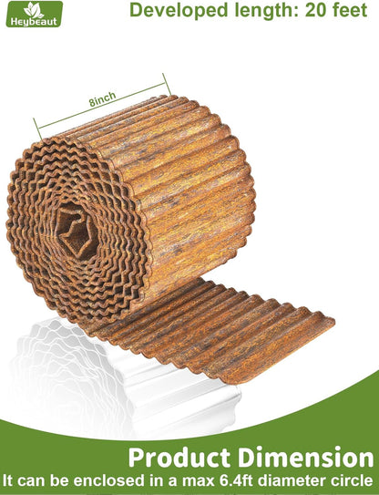 Corrugated Metal Garden Edging - 8" x20' Cold-Rolled Steel Border, Durability Easy to Cut, Easy Installation & Stability, Ideal for DIY Flower Beds, Pathways and Patio Design Rusted