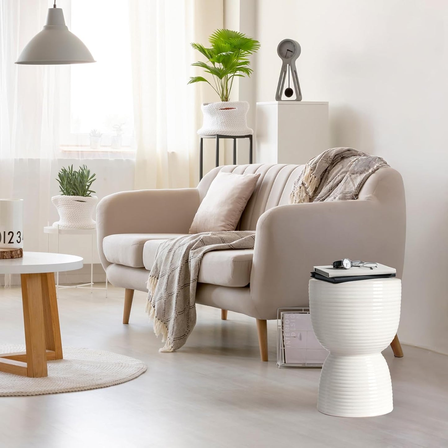 Ceramic Stool Garden Decorative: White Ceramic Stool Drum Shape for Indoor Outdoor Decor - Ceramic Tabouret for Living Room Patio Front Porch (16 inch)