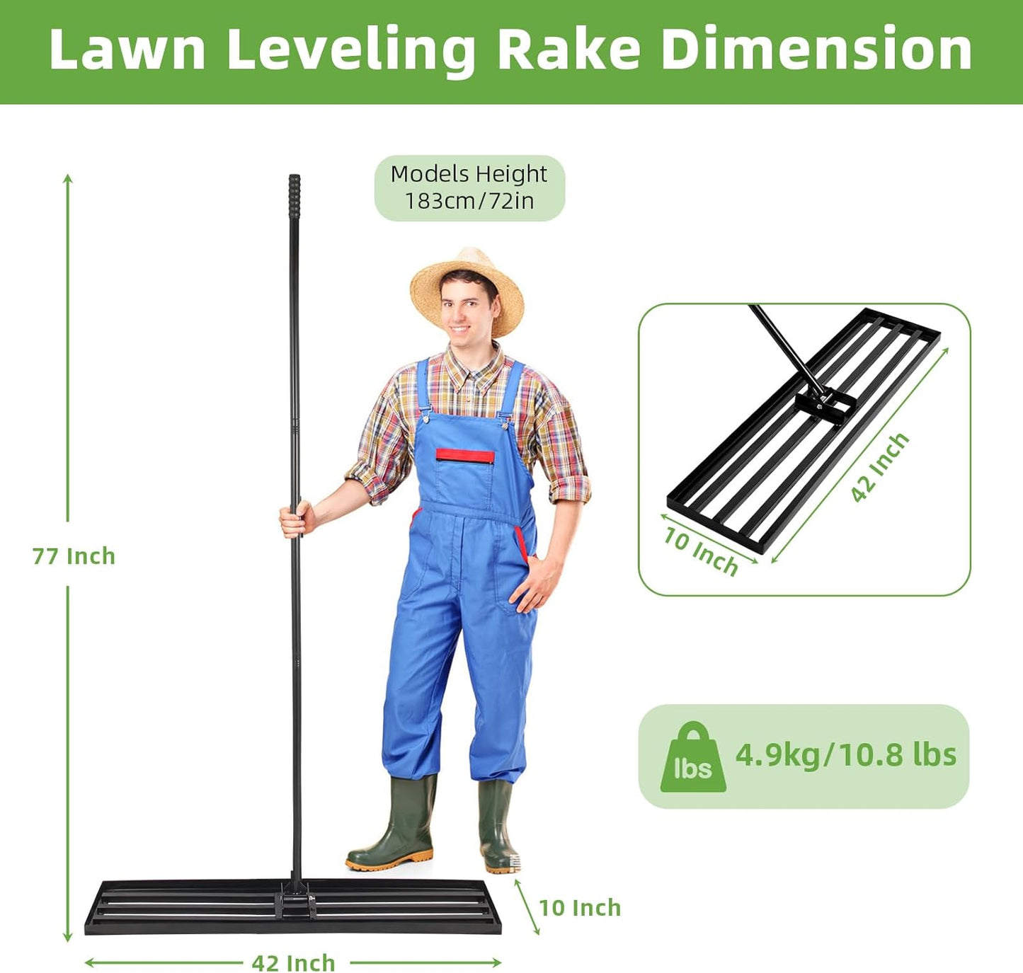 Lawn Leveling Rake 42 Inch, Heavy Duty Metal Levelawn Rake with 42'x10' Ground Plate, 78' Extra Long Adjustable Handle, Lawn Leveler Tool for Backyard, Garden, Golf Lawn, Farm and Ranch to Level Soil