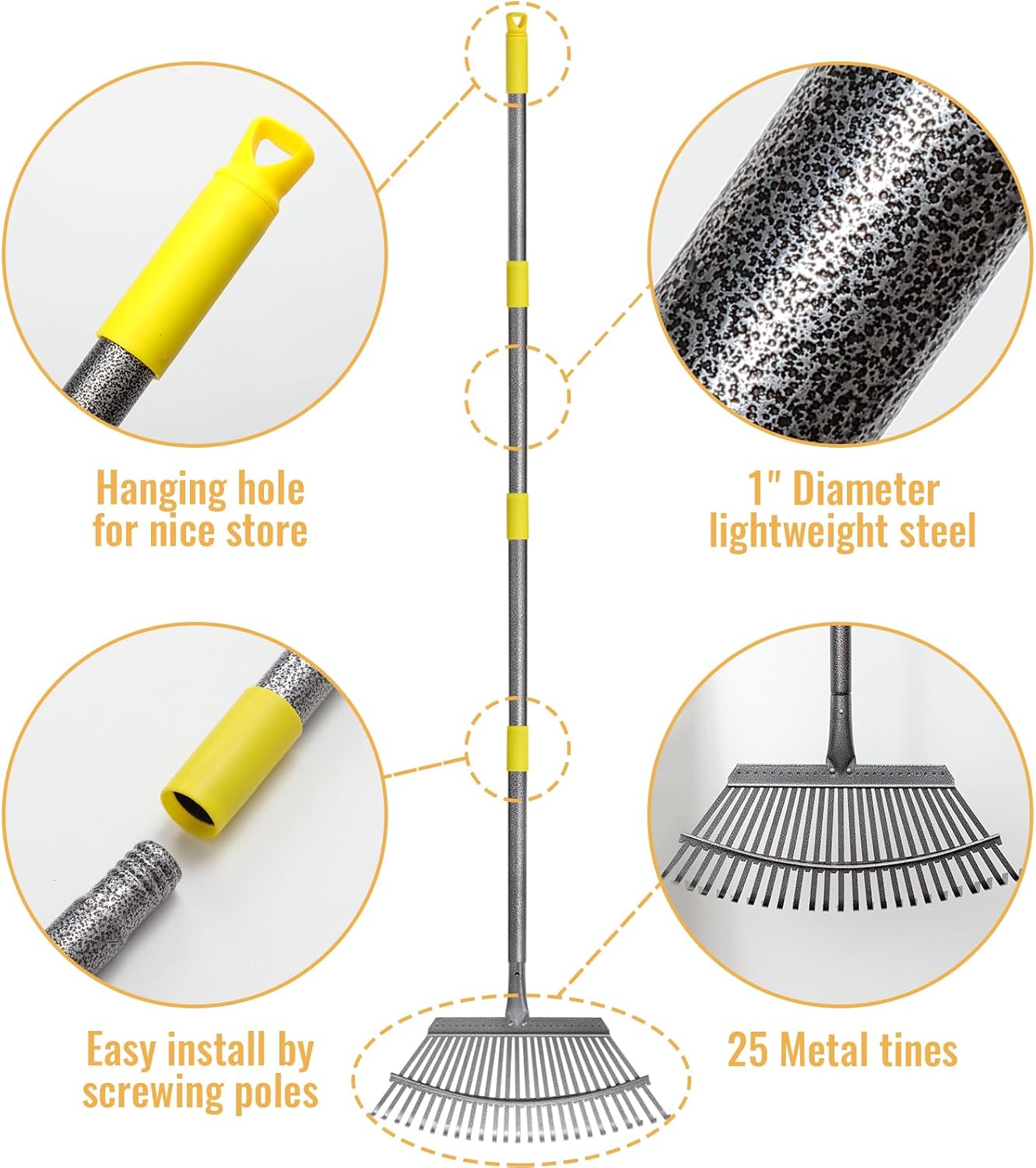 Rake for Leaves, Heavy Duty Metal Leaf Rake with 25 Tines 18" Wide Head, Adjustable 36-73" Long Handle Garden Rakes, Gardening Tools for Lawn, Yard, Shrub, Garden Beds Leaf Cleanup