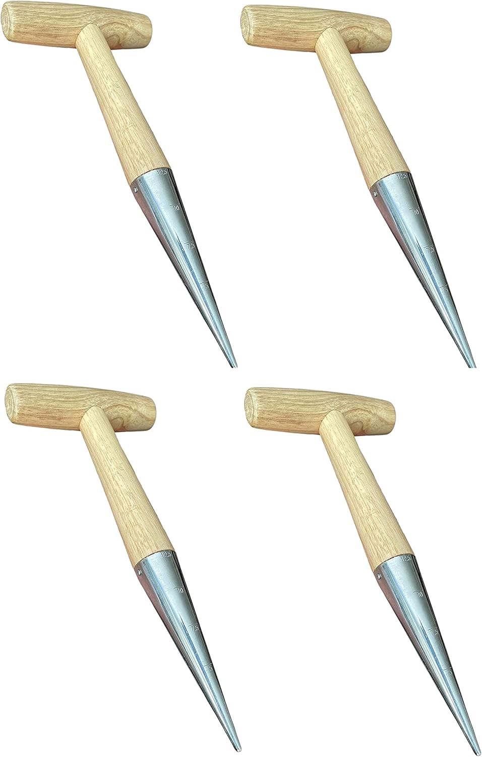 Garden Guru Steel Dibber Planter Tool for Planting Seeds & Bulbs - High Carbon Steel & Comfortable Wood Carved Handle - for Consistent Planting Flowers Tulips, Daffodils, Dahlias (4 Pack)
