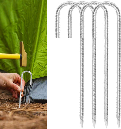 Rebar Stakes 12inx6mm Galvanized J Hook 4pcs – Heavy Duty Ground Tent Stakes for Fence,Bounce House,Outdoor Plants,Artificial Turf,Dog Coop,Metal Stakes for Christmas Decorations