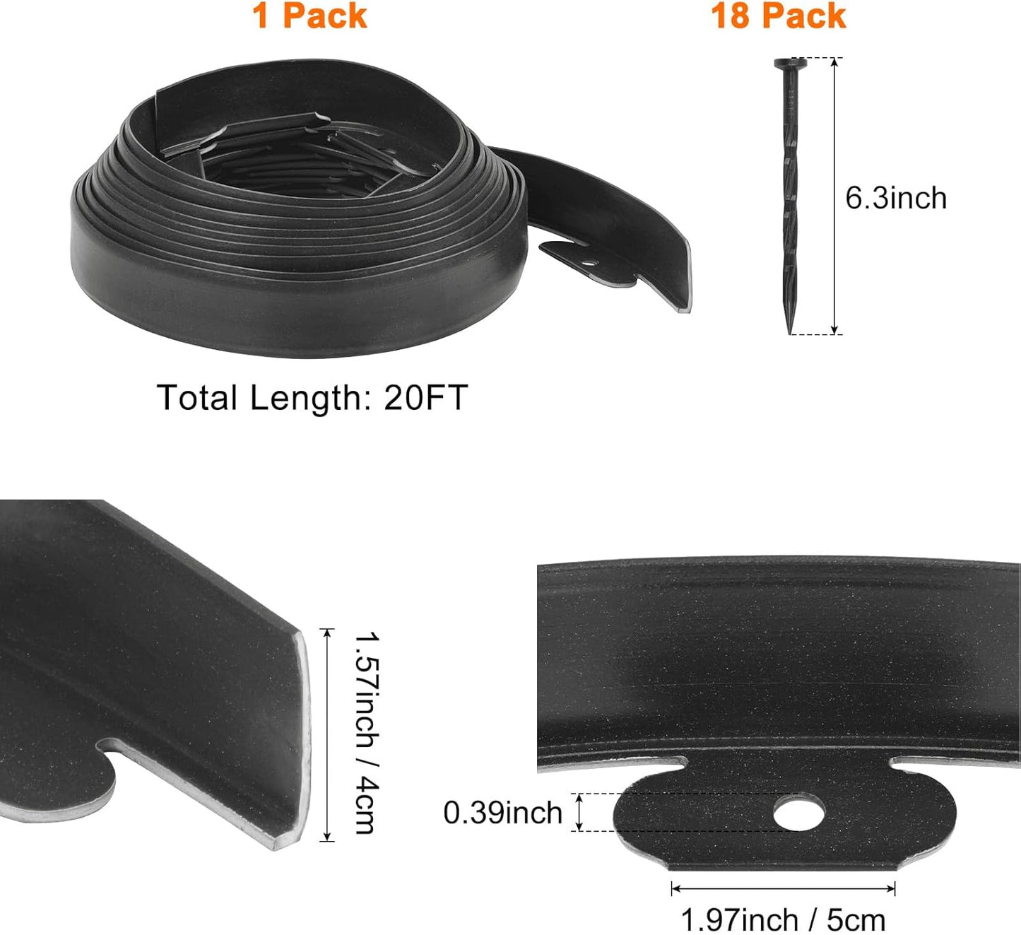 Garden Edging - 20 Feet Plastic Landscaping Edging Border with 18 PCS Spikes Apply to Flower Beds/Grass Lawn/Yard (20FT x 1.57IN, Black)