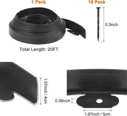 Garden Edging - 20 Feet Plastic Landscaping Edging Border with 18 PCS Spikes Apply to Flower Beds/Grass Lawn/Yard (20FT x 1.57IN, Black)