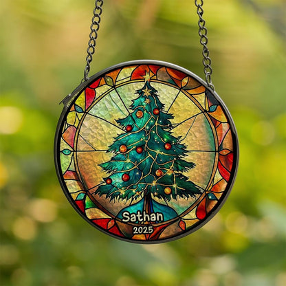 Personalized Stained Glass Christmas Tree Suncatcher, Christmas Handcraft Holiday Ornament with Name and Number, Gift for Family or Friend, Gift for Décor