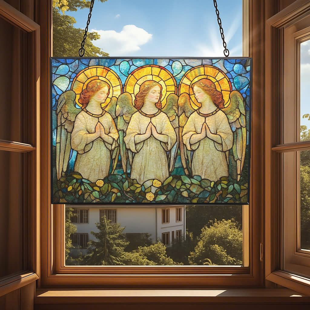 Rectangle Art Nouveau Angel Choir Suncatcher Stained Glass Window Hanging Handmade Stained Glass Suncatchers Metal Chain Outdoor Garden Decor Gift for Women Christmas Thanksgiving