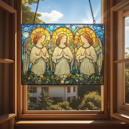 Rectangle Art Nouveau Angel Choir Suncatcher Stained Glass Window Hanging Handmade Stained Glass Suncatchers Metal Chain Outdoor Garden Decor Gift for Women Christmas Thanksgiving