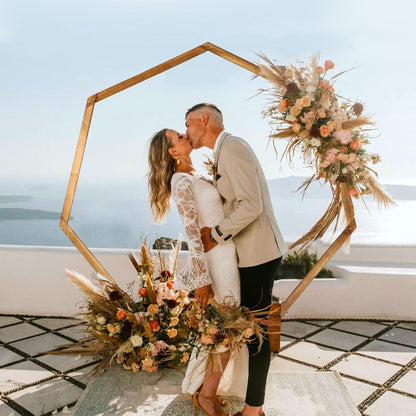 Heptagonal Wooden/Wood Arch 7.2FT for Wedding Ceremony, Arbor Backdrop Stand for Garden Parties, Indoor, Outdoor, Autumn Theme, Rustic Decorations