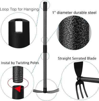 Hoe and Cultivator Gardening Hand Tools, Heavy Duty Stainless Steel Garden Hoe and 3 Fork Hand Tiller for Gardening Weeding Planting with Adjustable Handle 30-45 inch