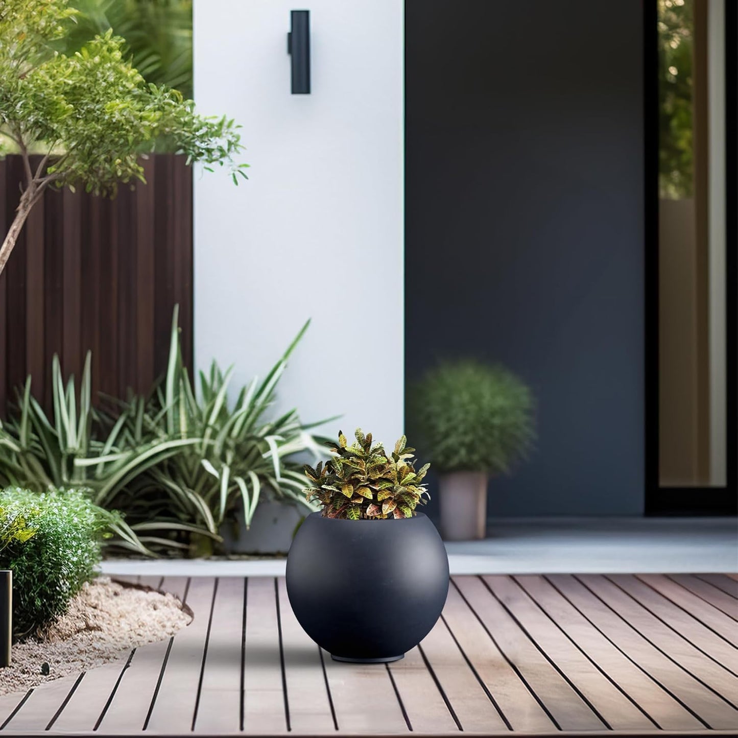 Kante Round Concrete Flower Pot, 11 Inch Dia (7.9" Opening) Sphere Shape Design Planter with Drainage Hole and Rubber Plug for Indoor & Outdoor Plants, Charcoal Finish with Warm Brown Interior