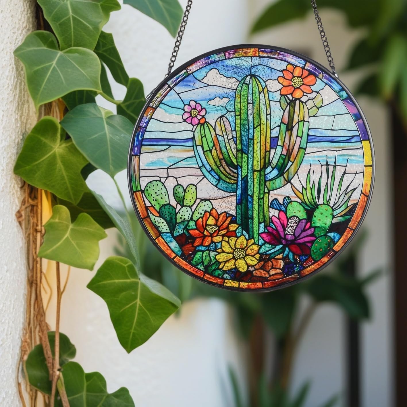 Cactus Suncatcher Decor, Cactus Stained Glass Window Art Beach Decor Sea Glass Hanging - 7.9" Outdoor/Indoor Art Decor for Home Garden