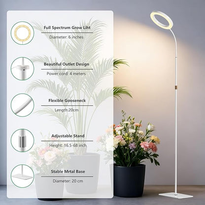 Full Spectrum Grow Light with Stand for Indoor Plants, Floor Plant Light, 6/12/18H Timer, 3 Color Modes, Adjustable Height 16.5–68in, for Large Plants & Home Décor(Tri-Head,White)