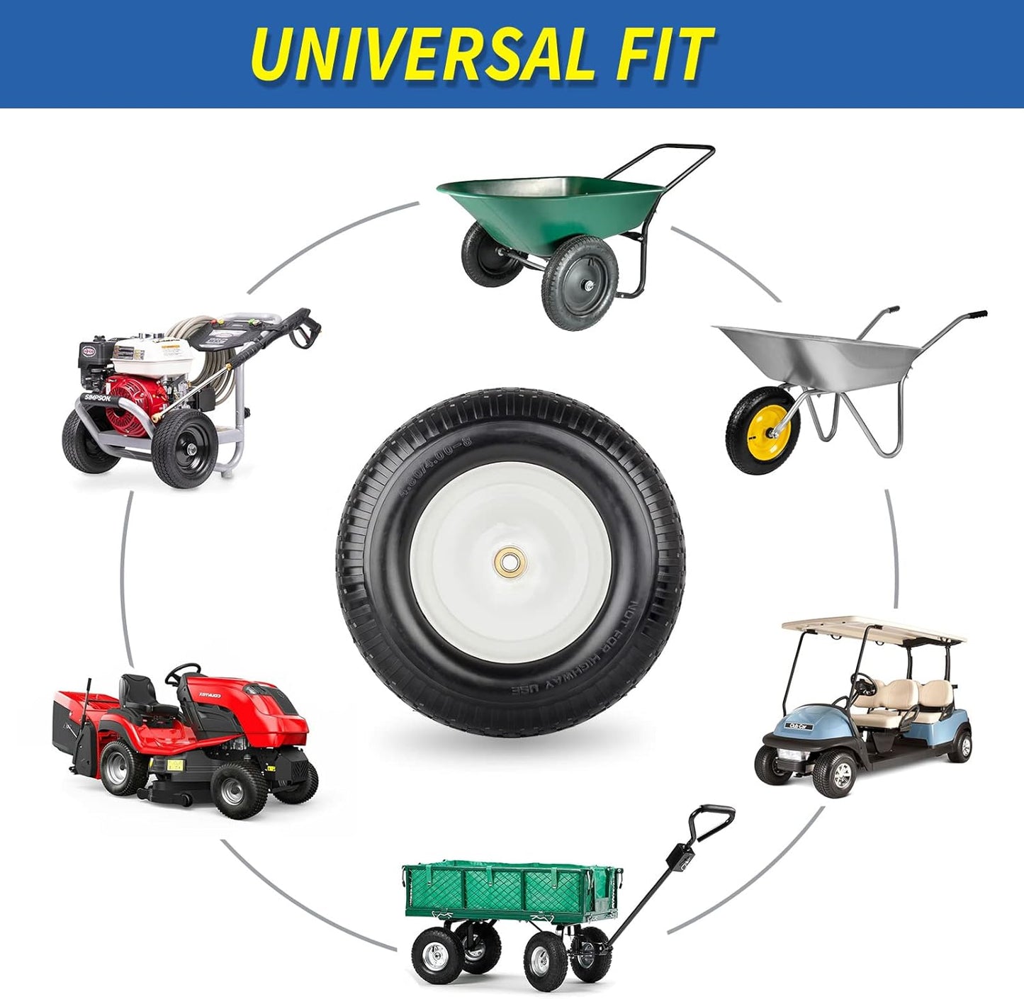 4.80/4.00-8" Wheelbarrow Tire, 16" Flat-Free Solid Tire and Wheel, 3-6" Centered Hub, 5/8" & 3/4" Bearing, For Broadcast Spreader Garden Wagon Cart Trolley Dolly Lawn Mover (1 Pack)