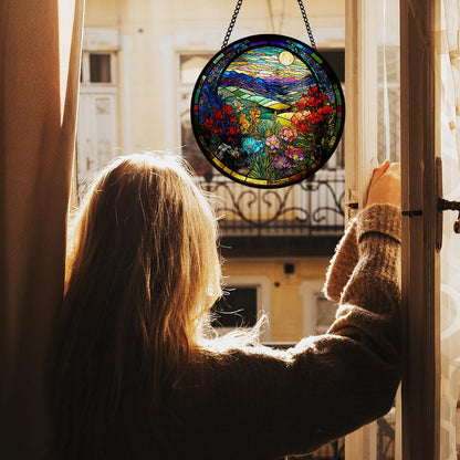 Floral Stained Glass Window Hanging, Suncatcher Ornament for Indoor Outdoor, Sea of Flowers Glass Ornament for Home Décor, Glasses Decoration Gifts for Birthday, Christmas, Wedding, Housewarming