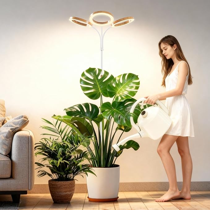 Full Spectrum Grow Light with Stand for Indoor Plants, Floor Plant Light, 6/12/18H Timer, 3 Color Modes, Adjustable Height 16.5–68in, for Large Plants & Home Décor(Tri-Head,Faux Wood Grain)