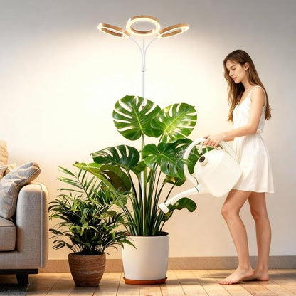 Full Spectrum Grow Light with Stand for Indoor Plants, Floor Plant Light, 6/12/18H Timer, 3 Color Modes, Adjustable Height 16.5–68in, for Large Plants & Home Décor(Tri-Head,Faux Wood Grain)